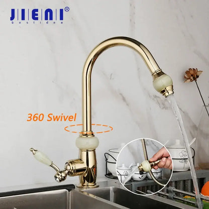 Golden jade and diamond handle kitchen faucet with gold finish, curved spout, jade ceramic handles, and 360-degree swivel design