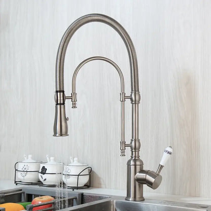 Golden kitchen faucet with stainless steel flexible gooseneck spout and white ceramic handle with black floral decorbites design