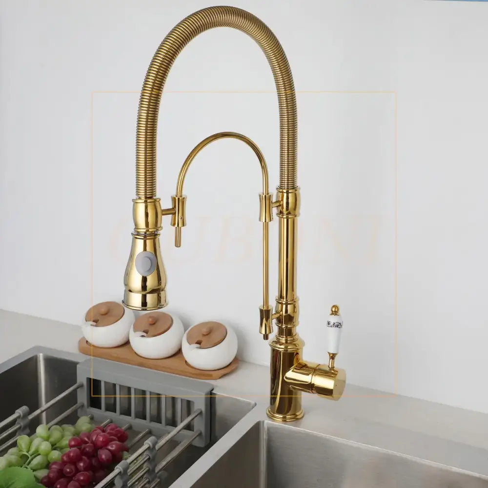 Golden kitchen faucet with white ceramic handle and polished gold gooseneck swivel spout from decorbites golden kitchen