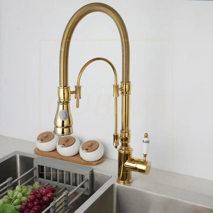 Golden kitchen faucet with white ceramic handle and polished gold gooseneck swivel spout from decorbites golden kitchen