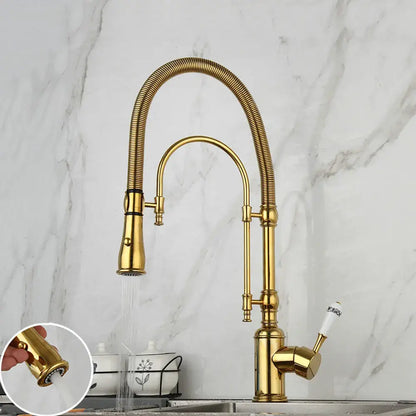 Golden kitchen faucet with flexible gooseneck, pull-out spray head, and white ceramic handle by decorbites kitchen faucet