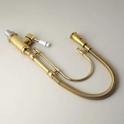 Golden kitchen faucet with white ceramic handle featuring black detailing and flexible brass corrugated hose by decorbites