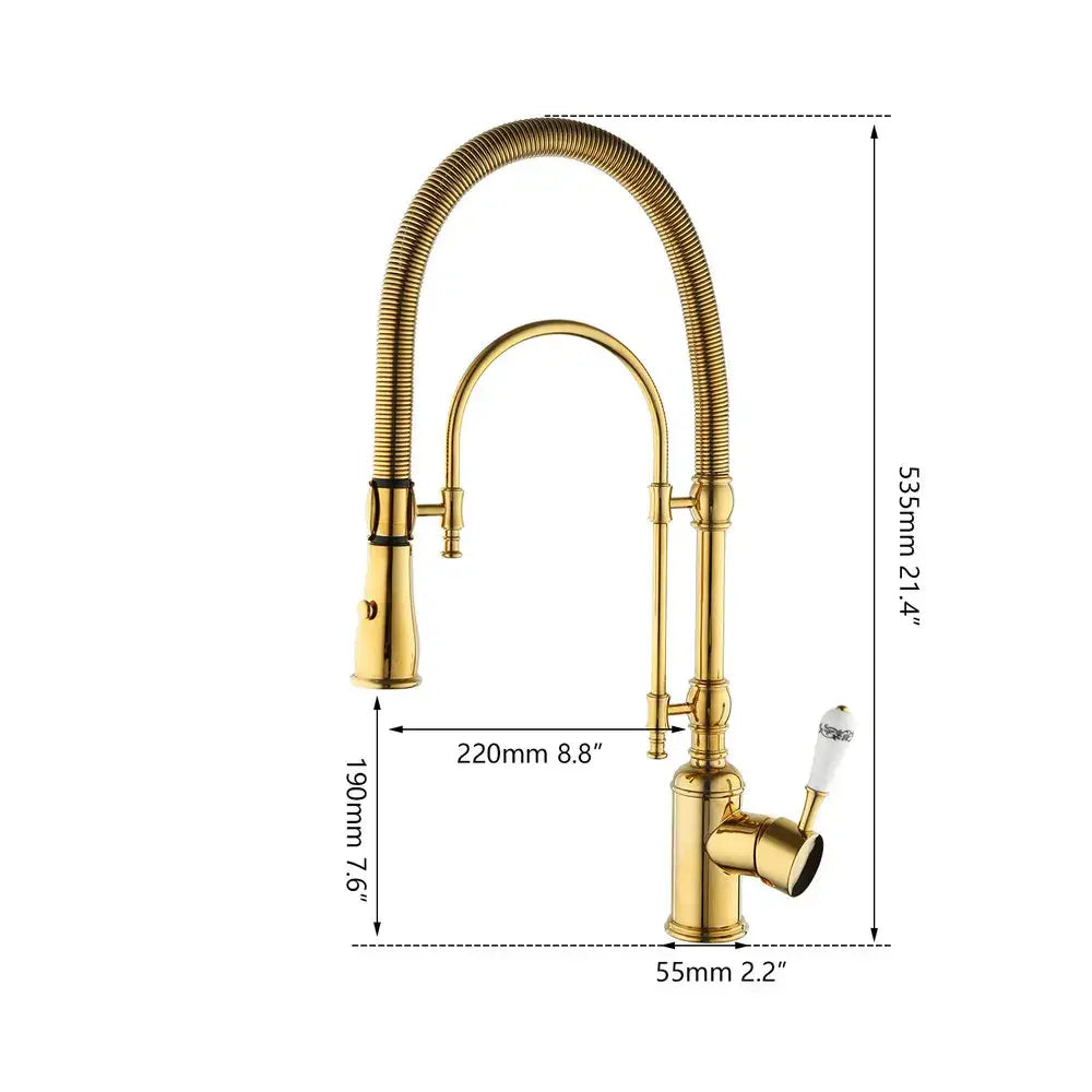 Golden kitchen faucet with flexible ribbed gooseneck spout and white ceramic handle by decorbites kitchen faucet
