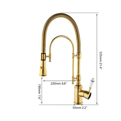 Golden kitchen faucet with flexible ribbed gooseneck spout and white ceramic handle by decorbites kitchen faucet