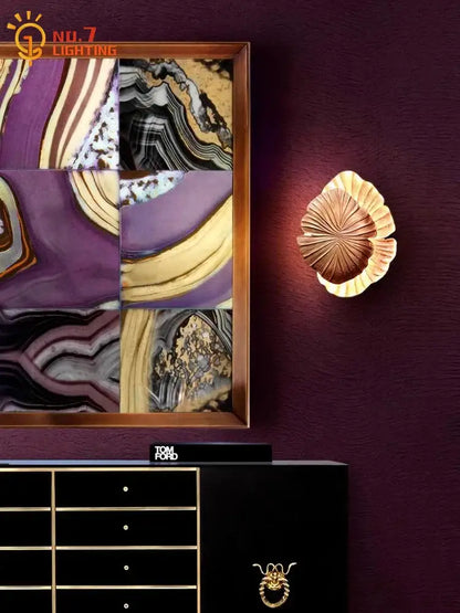 Golden leaf designer copper wall lamp with textured radiating pattern for bedroom decorbites designer copper wall light