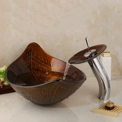 Brown glass golden leaf vessel sink set with leaf etching and matching chrome waterfall faucet for bathroom decorbites decor
