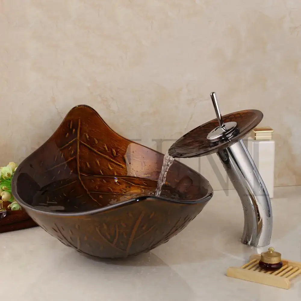 Brown ceramic golden leaf vessel sink set with leaf embossing and chrome waterfall faucet for bathroom decorbites decor