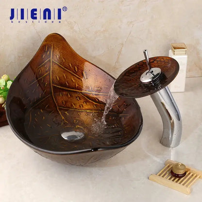 Brown glass leaf-shaped vessel sink set with chrome faucet for bathroom decorbites golden leaf vessel collection