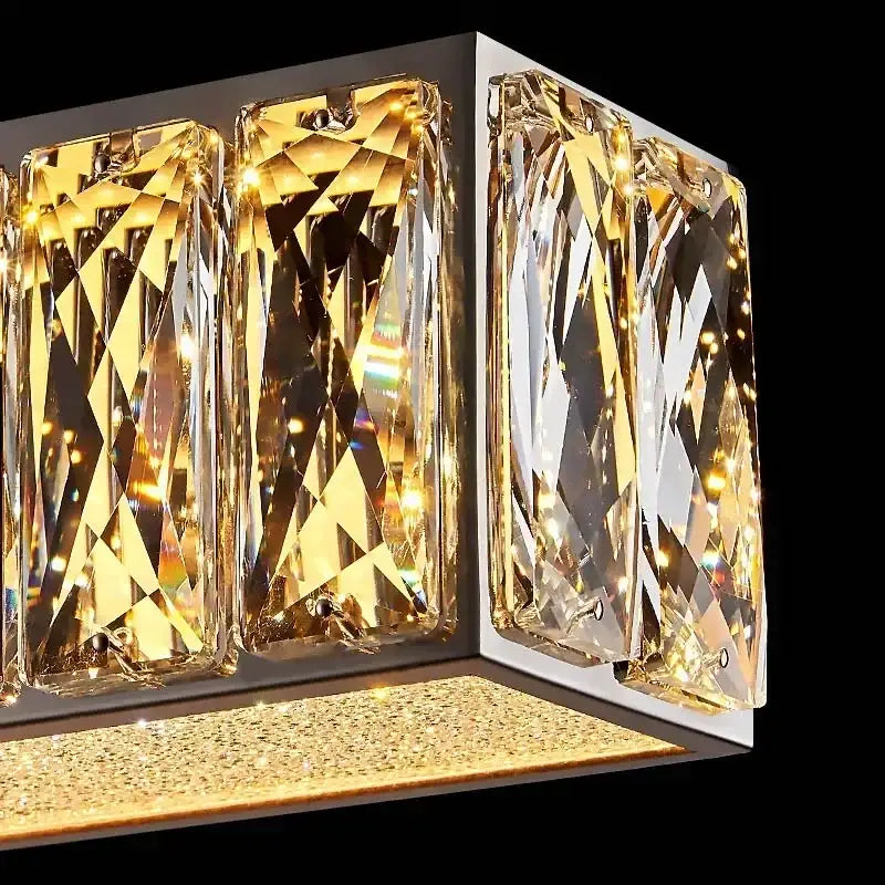 Golden led modern crystal chandelier with gold-toned rectangular frame and faceted illuminated glass panels for dining room decorbites golden led