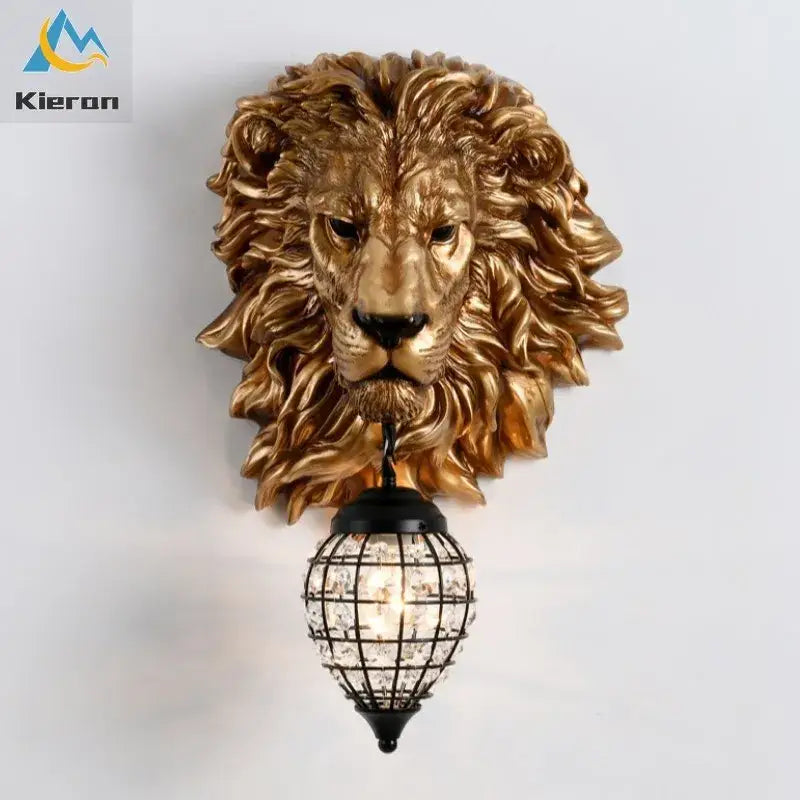 Golden lion head king crystal wall lamp featuring a black metal cage-style lampshade for bedroom decor wall lamp
