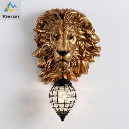 Golden lion head king crystal wall lamp featuring a black metal cage-style lampshade for bedroom decor wall lamp