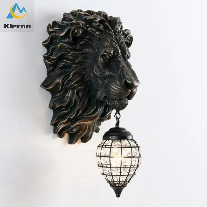 Bronze-colored lion head wall lamp with king crystal cage pendant light for bedroom crystal wall lamp design