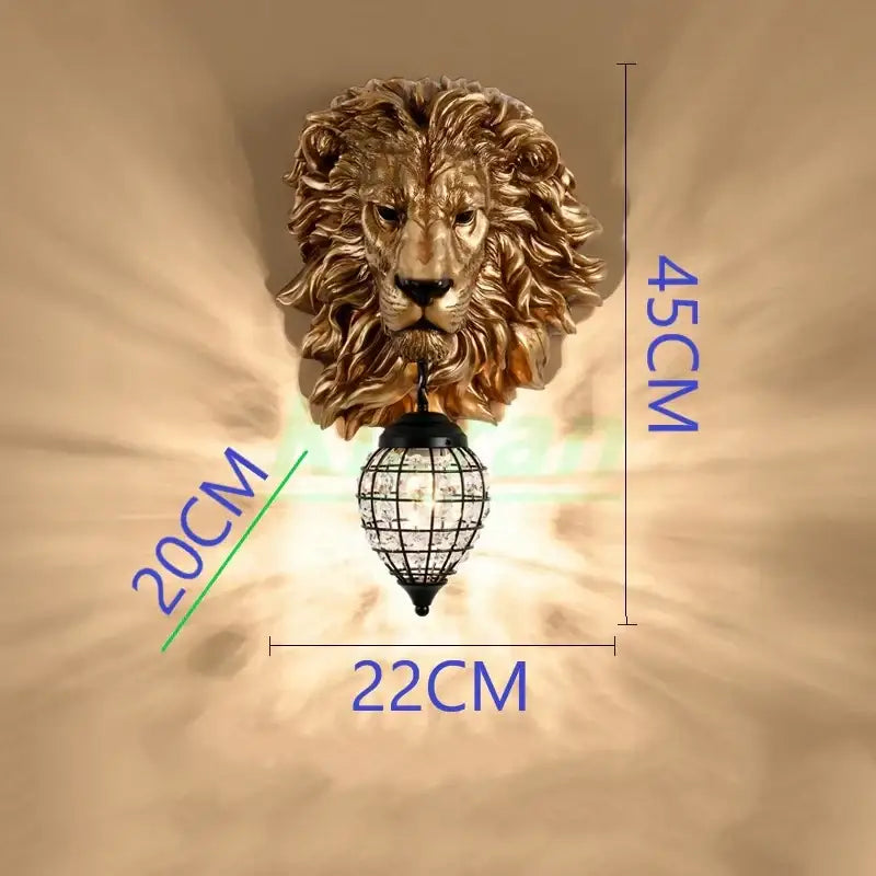 Golden lion head king crystal wall lamp with black metal cage pendant designed as a decorative wall lamp