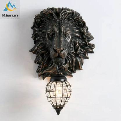 Bronze-colored king crystal wall lamp featuring a lion head design with a crystal-encrusted globe lampshade for bedroom