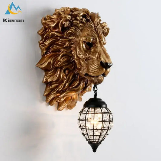 Golden lion head king crystal wall lamp with black metal cage pendant light for bedroom and living room decorbites king crystal wall lamp