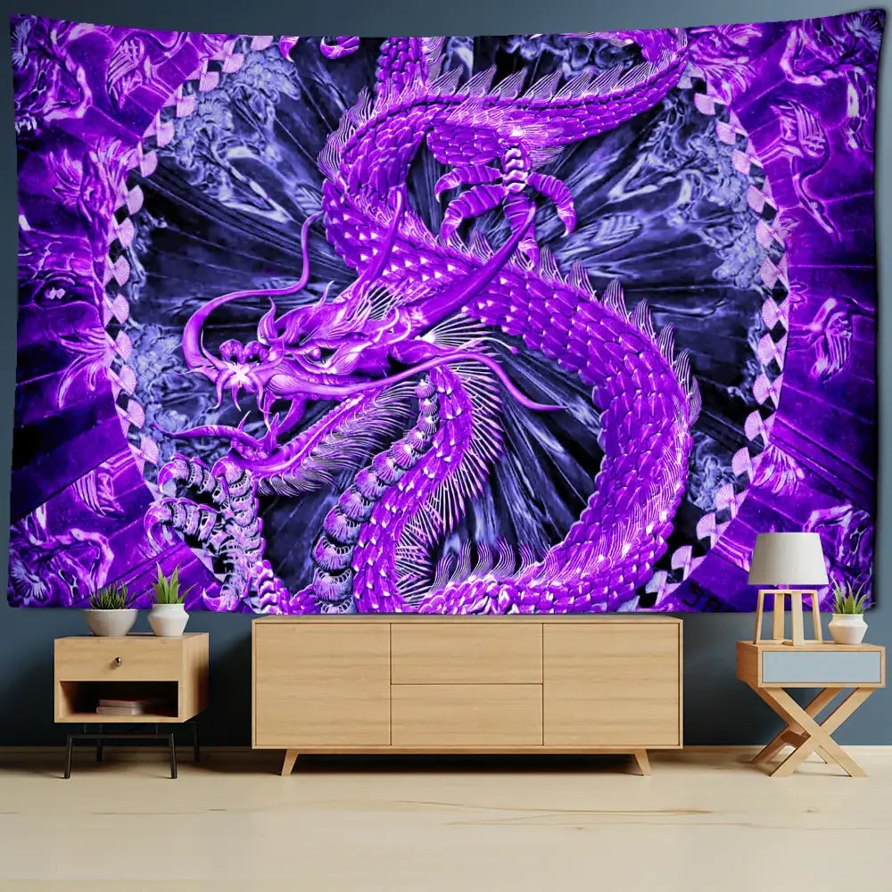 Vibrant purple dragon totem tapestry with intricate scales and flowing design by decorbites golden loong for bedroom decor