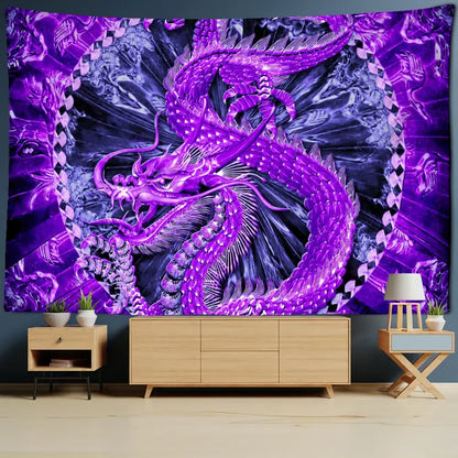 Vibrant purple dragon totem tapestry with intricate scales and flowing design by decorbites golden loong for bedroom decor