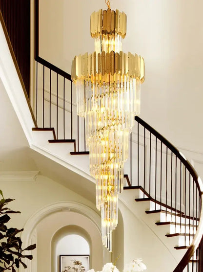 Golden luxury spiral crystal chandelier with cascading tiers in gold for elegant decorbites golden luxury lighting