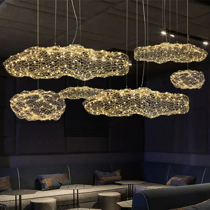 Golden mesh cloud pendant light with intricate design and warm leds by decorbites nordic designer pendant light