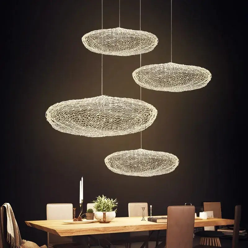 Modern silver wire mesh pendant lights with delicate woven design for bedroom decorbites cloud light