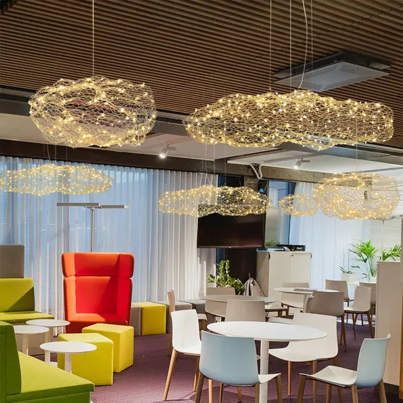 Golden mesh decorbites cloud light bedroom pendant lamp featuring golden cloud-shaped wireframe pendant lights
