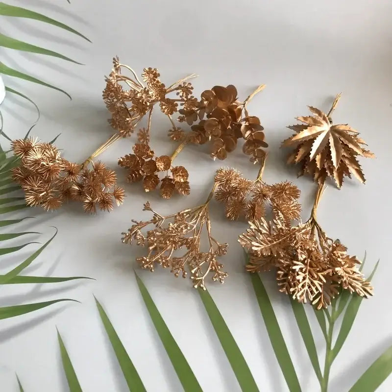 Golden metallic berry stamen green plant foliage with intricate leaf and cluster designs for decorbites living room decor