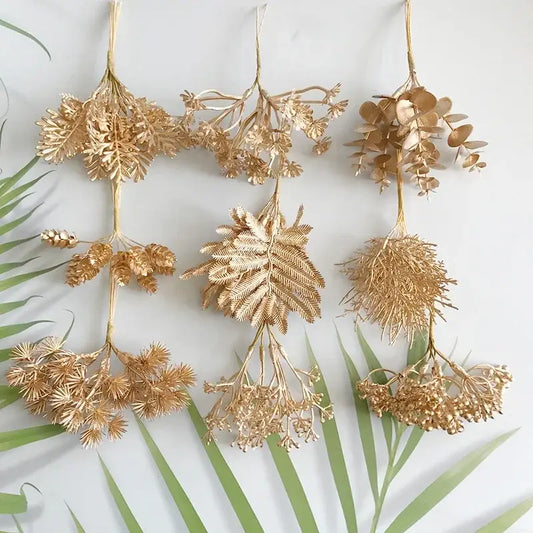 Golden metallic berry stamen green plant foliage arranged in botanical designs for living room decorbites green plant decor