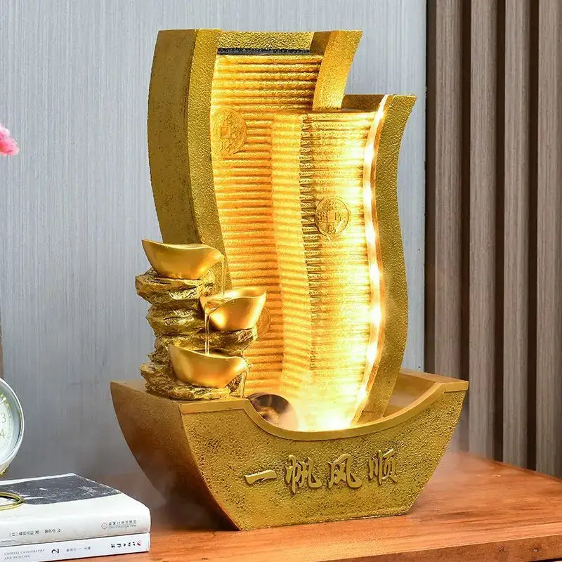 Golden metallic circulating water fountain with textured gold ingots for living room decorbites circulating water use