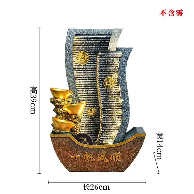 Golden metallic circulating water fountain resembling a sailboat with golden ingots and chinese character base decorbites circulating water