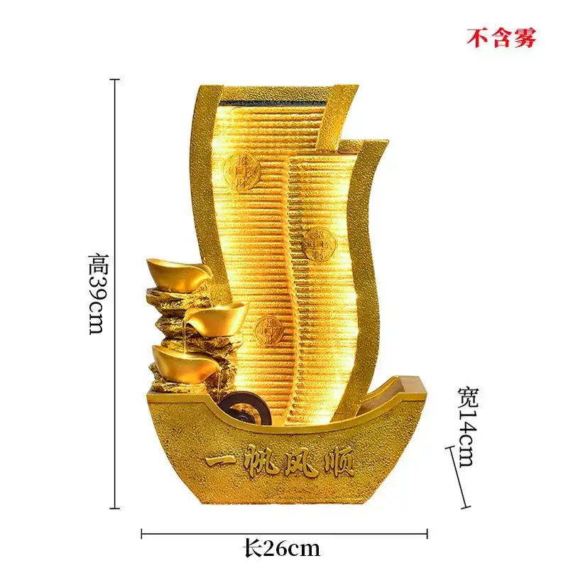 Golden metallic stylized sailboat circulating water fountain with stacked gold ingots and chinese characters for decorbites circulating water