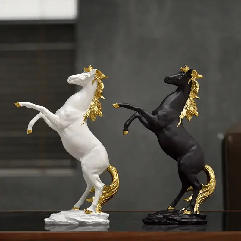 White and black horse resin sculpture with golden manes tails and hooves for living room decor by decorbites horse resin