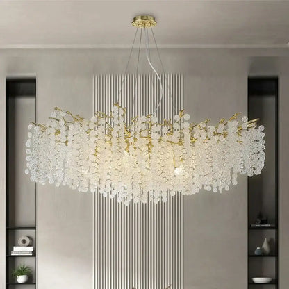Elegant golden money tree crystal chandelier pendant light with cascading clear crystal clusters for living room decor