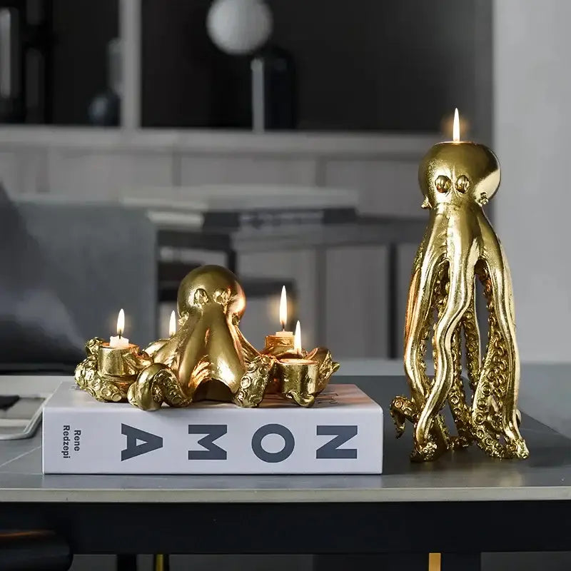Golden octopus sculpture candle holder with intricate detailing and polished metallic finish for dining room decorbites decor