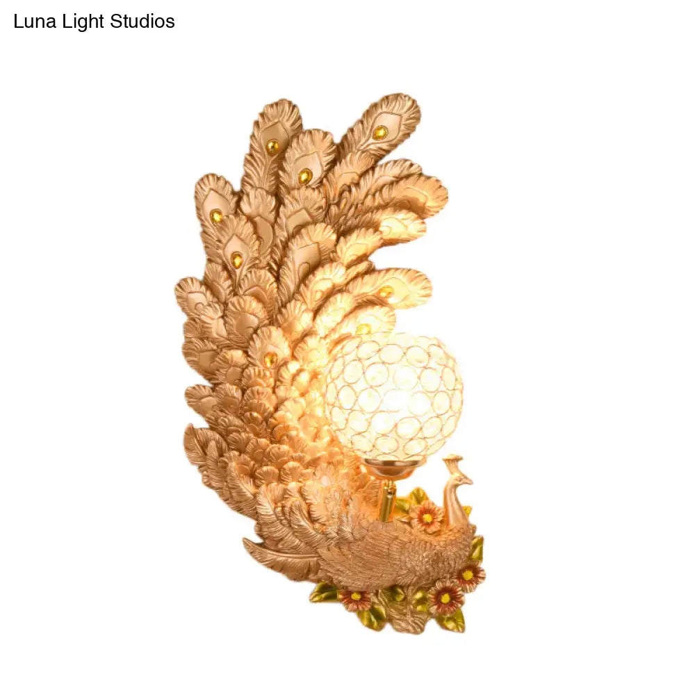 Golden peacock wall light with crystal shade features intricate feathers in yellow green for elegant living room lighting