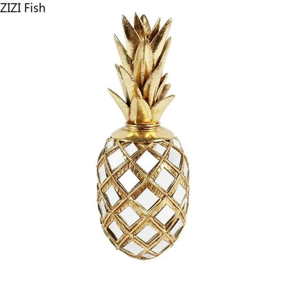 Golden pineapple art statuette with metallic finish and diamond-patterned mirror panels for desk decoration