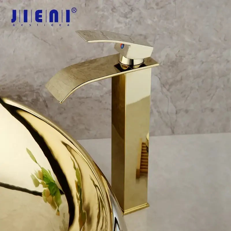 Golden plated ceramic basin sink and decorbites golden plated modern waterfall faucet with sleek rectangular spout and handle