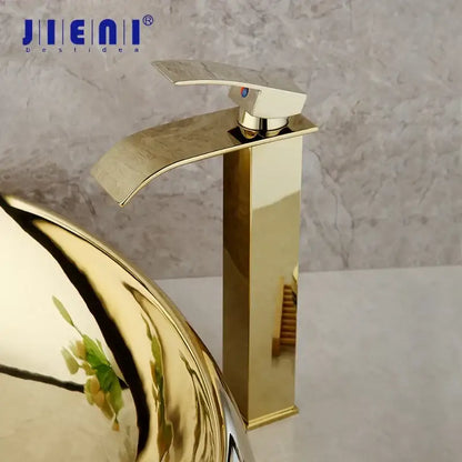 Golden plated ceramic basin sink and decorbites golden plated modern waterfall faucet with sleek rectangular spout and handle