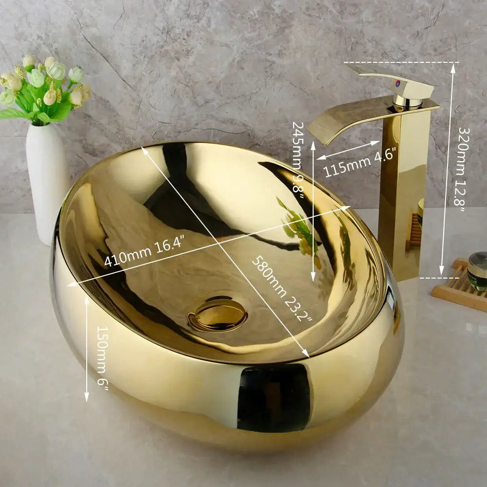 Golden plated ceramic basin sink and matching faucet set in gold color for bathroom decorbites golden plated style
