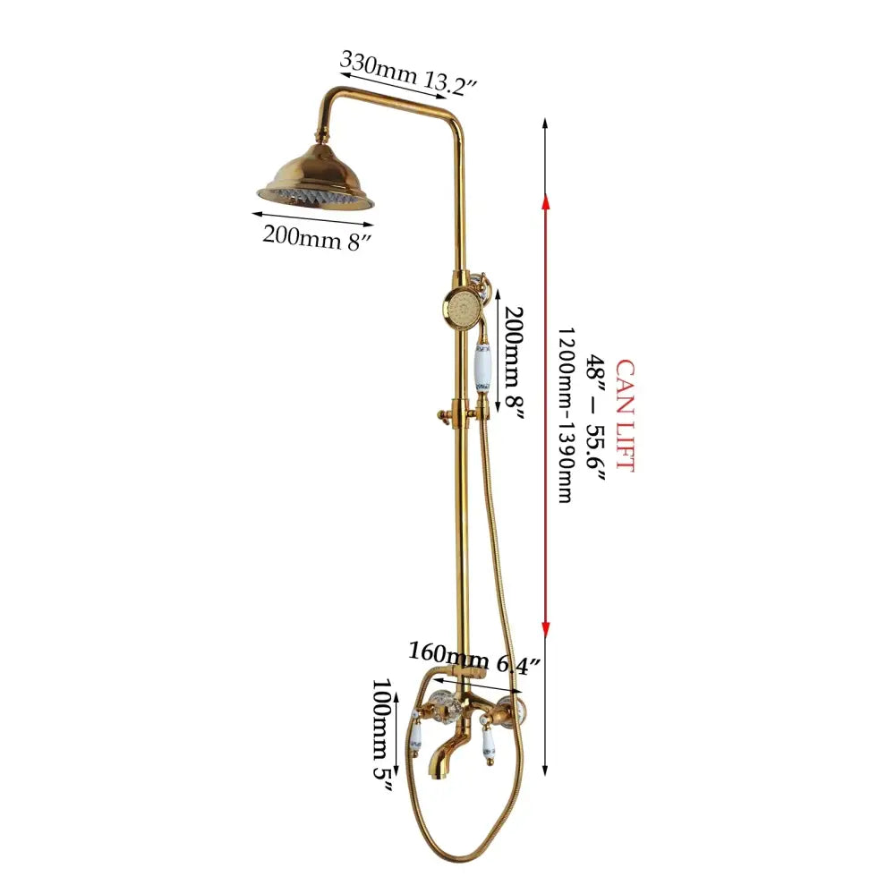 Golden polished shower bathroom system with brass-finished shower head and ornate decorbites golden polished faucet handles