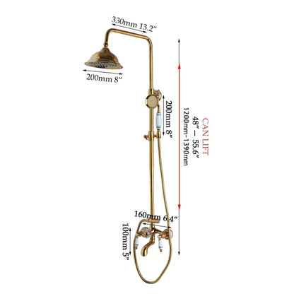 Golden polished shower bathroom system with brass-finished shower head and ornate decorbites golden polished faucet handles