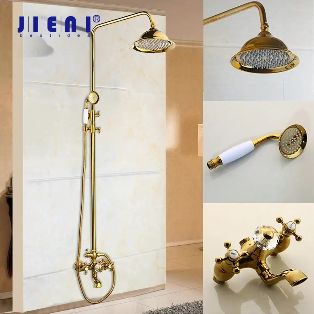Golden polished shower head with handheld spray bathroom system featuring gold-finished rainhead and crystal knobs decorbites