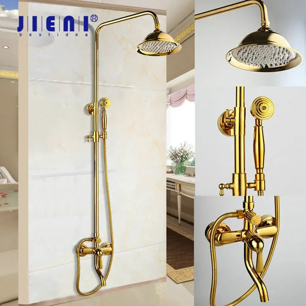 Golden polished shower head with decorbites golden polished curved jienai shower system and matching handheld spray