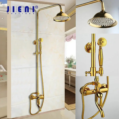Golden polished shower head with decorbites golden polished curved jienai shower system and matching handheld spray