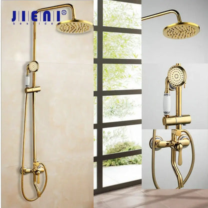 Golden polished shower head with handheld spray system brass construction white ceramic handles decorbites golden polished shower