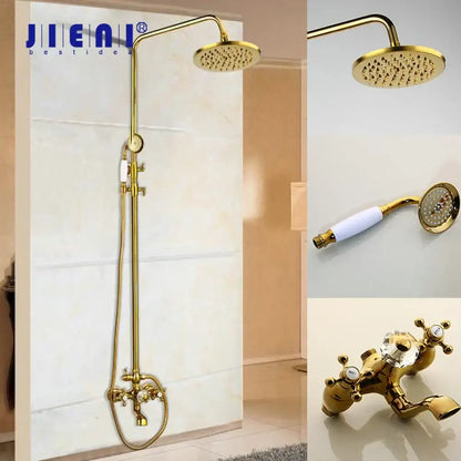 Golden polished shower head bathroom system with gold-finished brass rainhead handheld shower and crystal dual handles decorbites