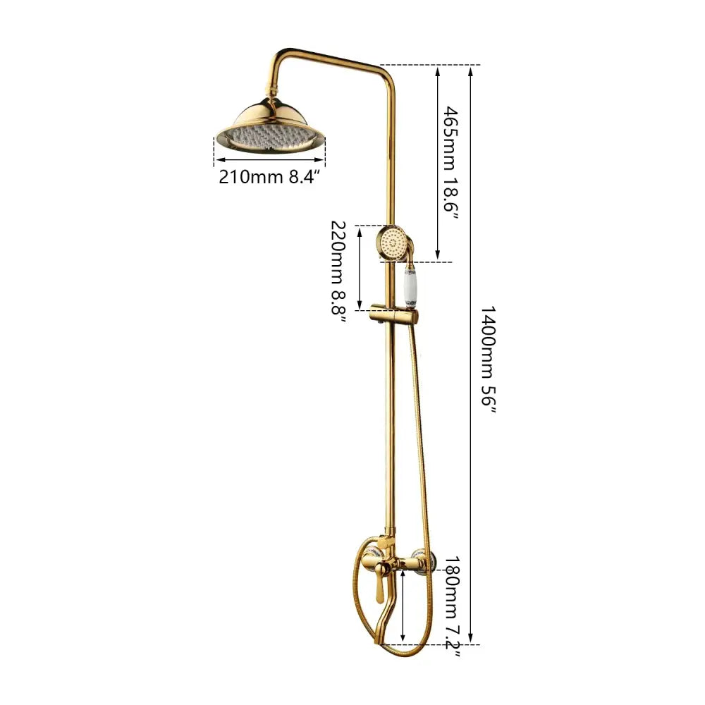 Golden polished shower system by decorbites with gold finish includes large overhead rainhead and handheld spray nozzle