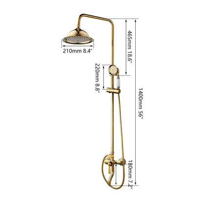 Golden polished shower system by decorbites with gold finish includes large overhead rainhead and handheld spray nozzle