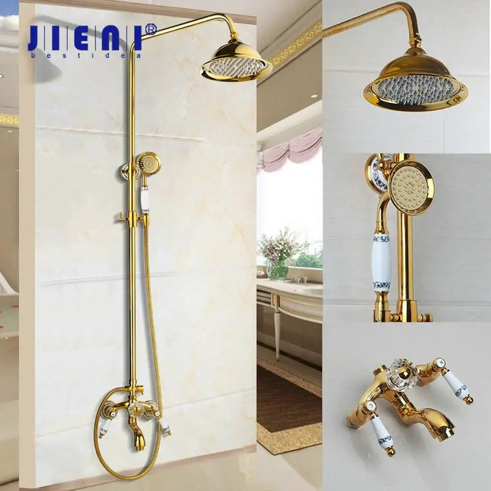 Golden polished shower head with handheld spray system featuring gold-finished ceramic valve handles by decorbites