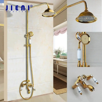 Golden polished shower head with handheld spray system featuring gold-finished ceramic valve handles by decorbites