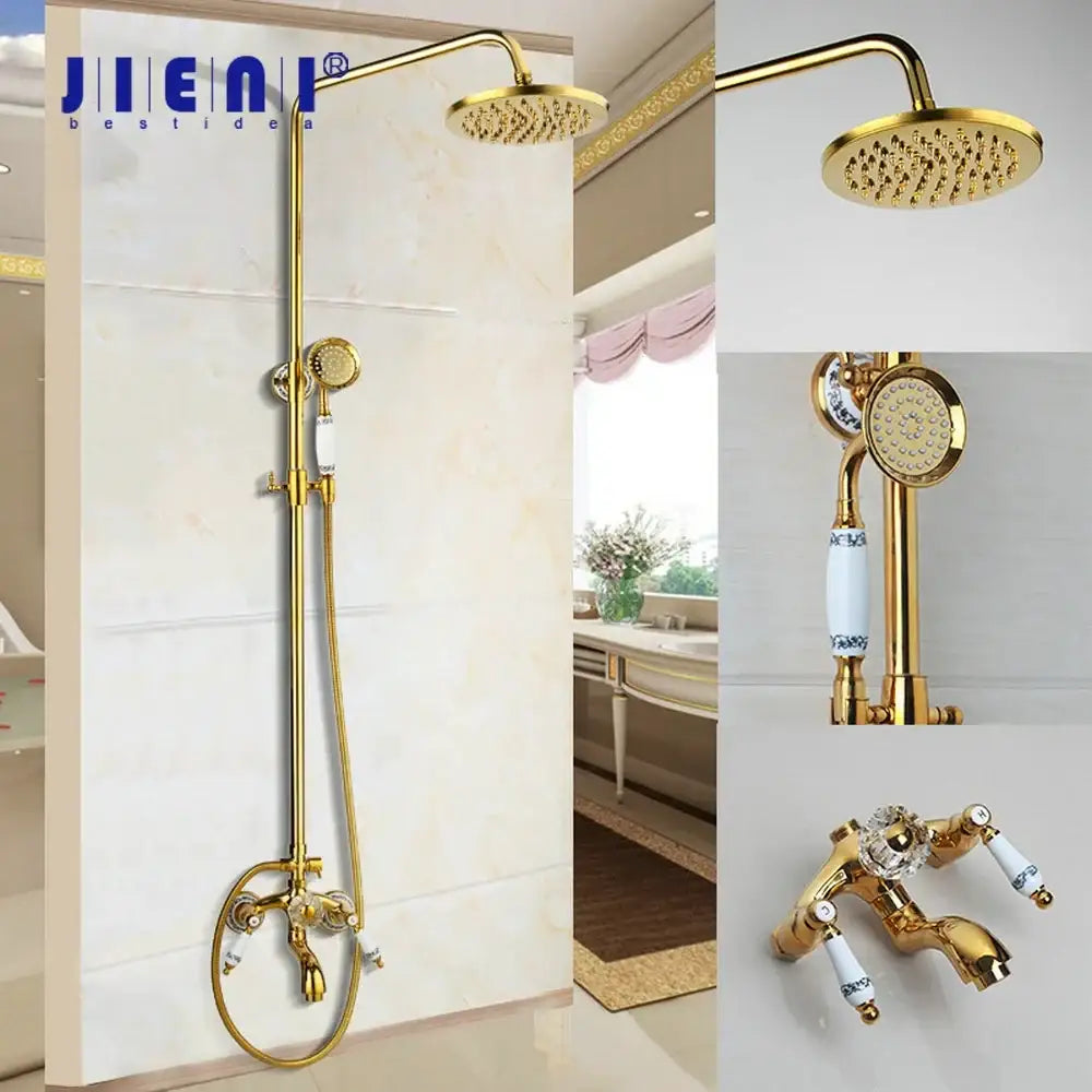 Golden polished shower system with round rainhead handheld sprayer and dual-handle faucet with white ceramic knobs decorbites golden polished shower head